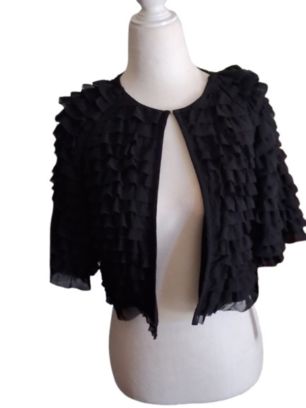 NEW With Tag Glamour Black Ruffled Cropped Open-Front Shrug, Small